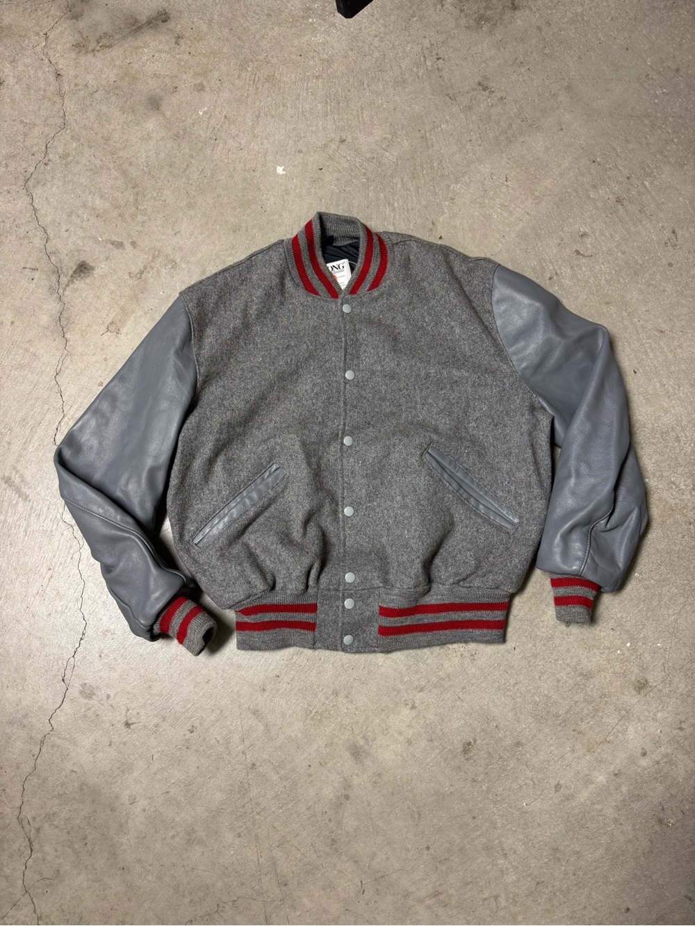 Vintage 1980s DeLONG Made USA Gray Wool Leather Varsity Letterman Jacket 42
